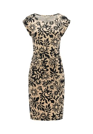Beżowa sukienka do kolan z krótkimi rękawami, czarnym abstrakcyjnym nadrukiem słońca i liści oraz cienkim paskiem wiązanym w talii.