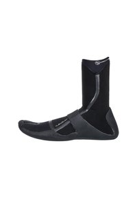 Black neoprene boot with a high ankle, textured bottom, and adjustable strap over the foot, designed for water activities.