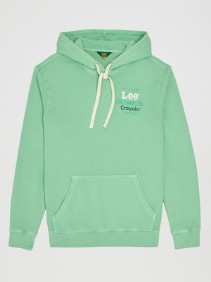 Mintgrønn hettegenser med kremfargede snorer, frontlomme og grafisk tekst som sier "Lee Crayola Magic Mint" på brystet.