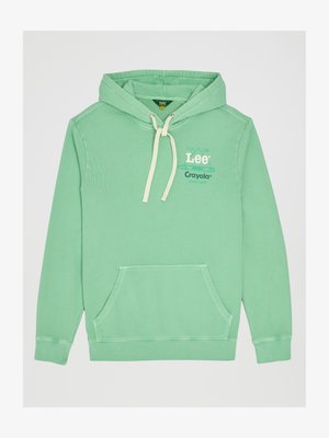 Mintgrüner Hoodie mit cremefarbenen Kordeln, Fronttasche und grafischem Text "Lee Crayola Magic Mint" auf der Brust.