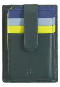 Portafoglio in pelle verde con finitura testurizzata, dotato di scomparti per carte di colore blu scuro, blu chiaro e giallo, chiuso da una patella con bottone.