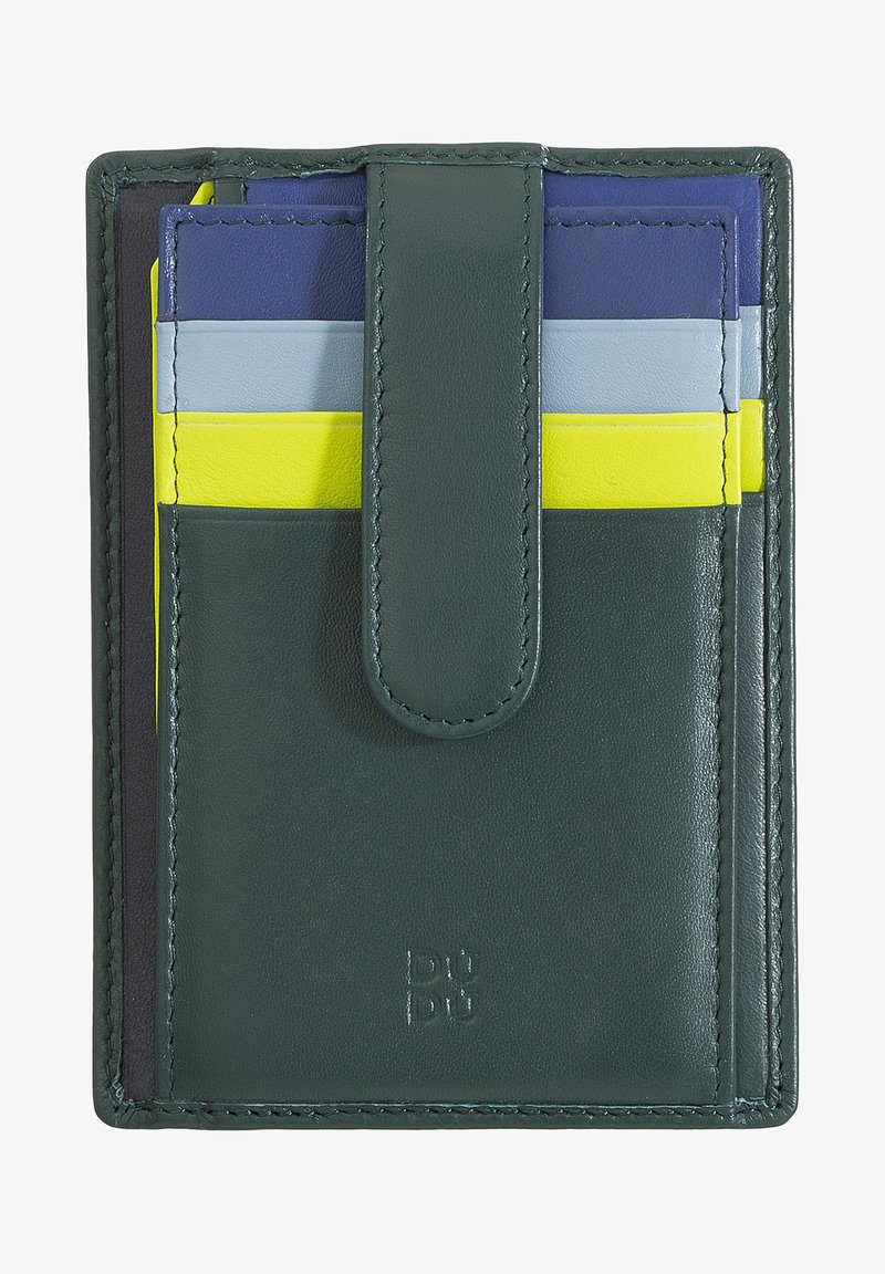 Portafoglio in pelle verde con finitura testurizzata, dotato di scomparti per carte di colore blu scuro, blu chiaro e giallo, chiuso da una patella con bottone.