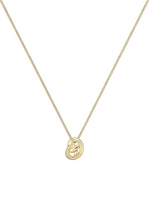 Goldkette mit einem abstrakten Knotenanhänger, zentriert auf einem schlichten weißen Hintergrund.
