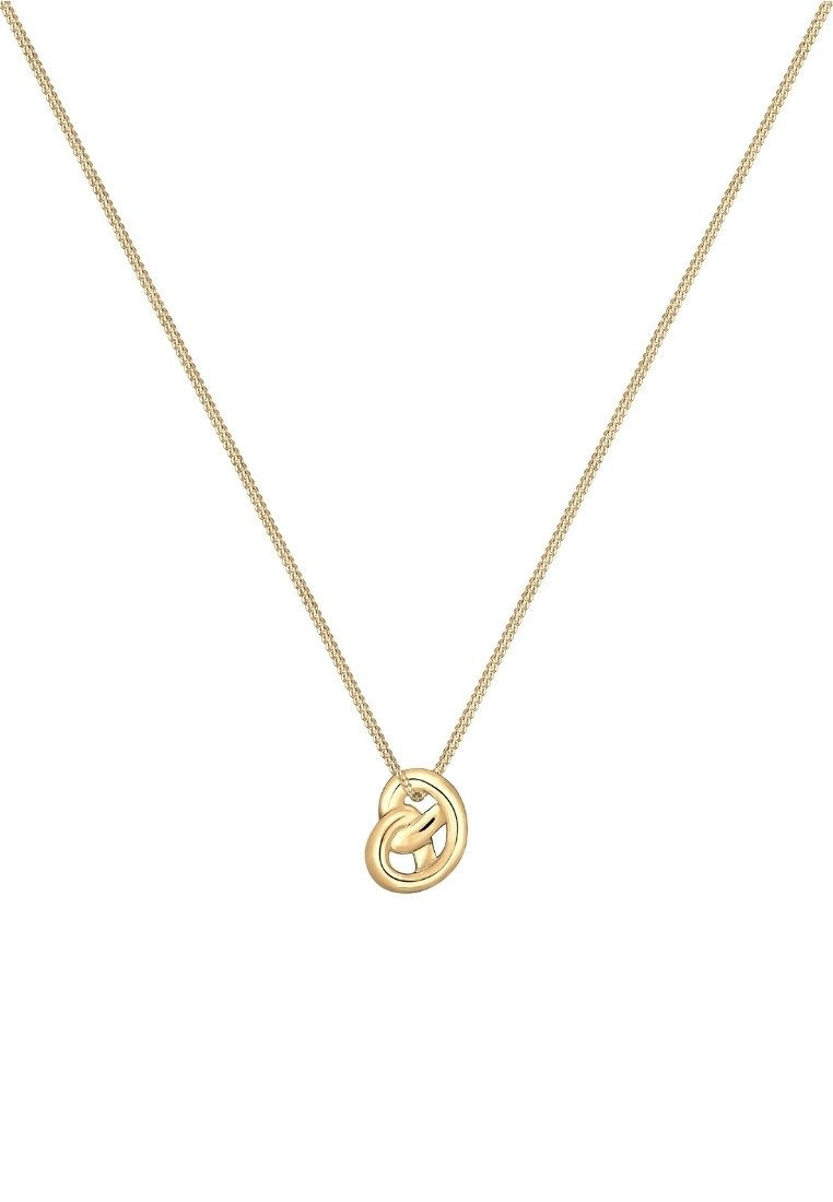 Collier en chaîne dorée avec pendentif nœud abstrait centré sur un fond blanc uni.
