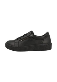 Sneaker en cuir noir avec côté texturé, devant lacé et accent de fermeture éclair. Présente une semelle en caoutchouc striée et un design de pointe arrondie.