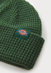 Berretto di maglia verde con una trama testurizzata. Presenta una toppa rettangolare verde con il logo "Dickies" in giallo e blu.