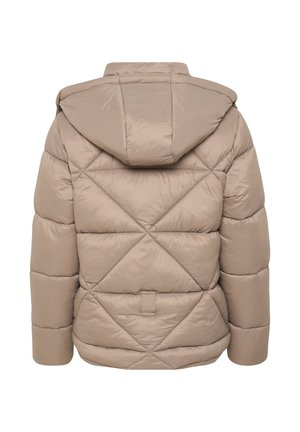 Beige puffer jacket with a hood, featuring a quilted design with diagonal patterns, elasticized cuffs, and a matte finish.