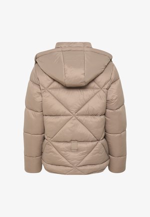 Bež puffer jakna s kapuljačom, koja ima kviltani dizajn s dijagonalnim uzorcima, elastične manšete i mat završetak.