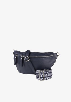 Navy leather crossbody bag with silver zipper and hardware, featuring a detachable navy and white striped adjustable fabric strap.