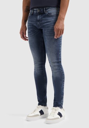 Schmale Jeans aus mittelblauem Denim mit einem verblassten Finish, Fünf-Taschen-Design, Knopf- und Reißverschluss und dezenten Steppnähten.