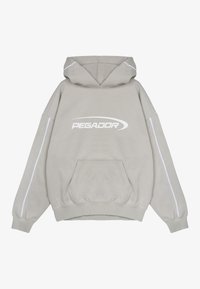 Grey hoodie made of soft cotton with a kangaroo pocket, ribbed cuffs and hem, featuring white "PEGADOR" logo and contrasting stripes on sleeves.