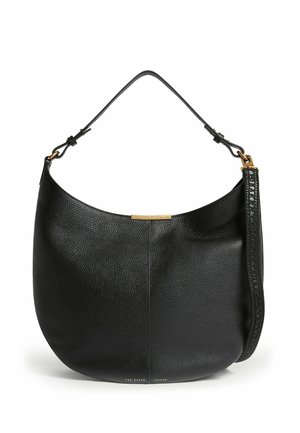 Schwarze, strukturierte Leder-Hobo-Tasche mit einem oberen Griff und abnehmbarem Schulterriemen, mit kleinen goldfarbenen Beschlägen und dezentem Markenprägedruck.