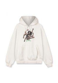 Sudadera con capucha en color crema, con un diseño ilustrado de una figura con múltiples brazos. Incluye un bolsillo frontal y puños acanalados.