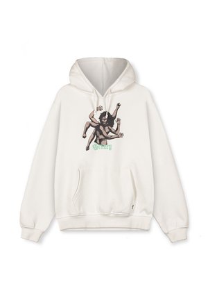 Sudadera con capucha en color crema, con un diseño ilustrado de una figura con múltiples brazos. Incluye un bolsillo frontal y puños acanalados.