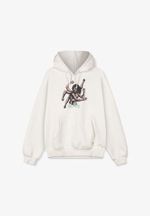 Sudadera con capucha en color crema, con un diseño ilustrado de una figura con múltiples brazos. Incluye un bolsillo frontal y puños acanalados.