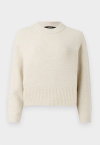 Maglione a maglia beige chiaro con orlo a coste e corpo testurizzato. Presenta un collo a giro e maniche lunghe con una vestibilità rilassata.