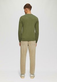 Grüner, langärmliger Strickpullover mit rundem Ausschnitt, kombiniert mit beigefarbenen, geraden Hosen und weißen Schuhen, von hinten betrachtet.