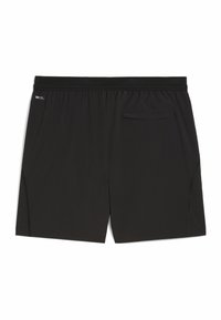 Sorte træningsshorts lavet af glat, let materiale. Har en elastisk talje, baglomme og diskrete sidesømme.