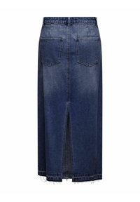 Mørkeblå denim midi-nederdel med baglommer, centralt slids, bæltestropper og detalje med frynset kant.