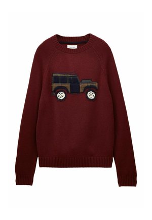Burgundy knit sweater with long sleeves featuring a stitched applique of a vintage off-road vehicle in brown and navy tones.