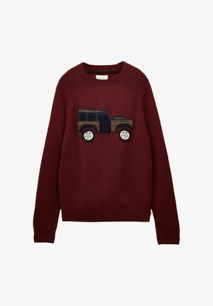 Burgundy knit sweater with long sleeves featuring a stitched applique of a vintage off-road vehicle in brown and navy tones.