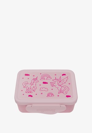 Rosa Brotdose mit Einhorn- und Regenbogenmotiven, ausgestattet mit einer glatten Textur und einem sicheren Clipverschluss. Verziert mit bunten Wolken- und Sternmustern.