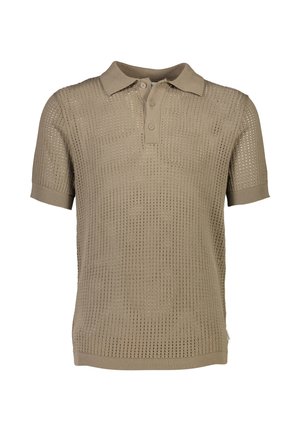 Polo shirt beige in maglia con maniche corte, caratterizzato da un motivo a trama aperta e colletto e polsini a costine. Due bottoni al collo.