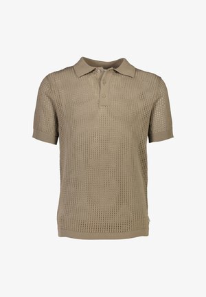 Beżowa dzianinowa koszulka polo z krótkim rękawem, z otwartym splotem i ściągaczem przy kołnierzy i mankietach. Dwa guziki przy dekolcie.