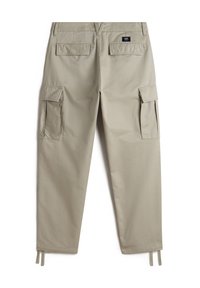 Beige cargo pants made of lightweight fabric. Features multiple side pockets and adjustable drawstrings at the hem. Simplistic design.