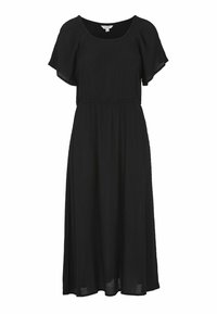 Schwarzes Midi-Kleid mit kurzen, schwingenden Ärmeln, einem runden Ausschnitt und gerafftem Bund. Hergestellt aus leichtem, strukturiertem Material.