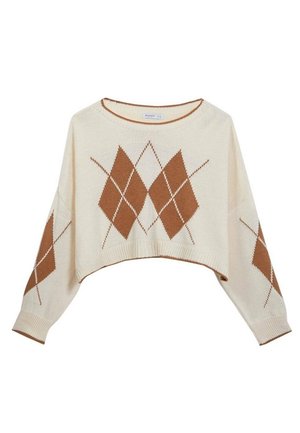 Pull court crème avec des motifs en losange argyle marron sur le devant et les manches, doté d'un col rond et de poignets côtelés.