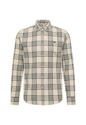 Beige- und schwarz kariertes Hemd mit langen Ärmeln, durchgehender Knopfleiste, knöpfbarem Kragen und kleinem, auf der linken Brustseite besticktem Logo.