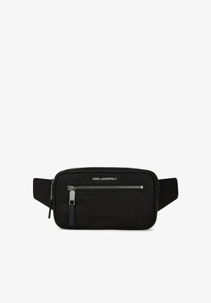 Riñonera rectangular negra con bolsillo frontal con cremallera y logo "KARL LAGERFELD", correas laterales ajustables y tiradores de cremallera plateados.