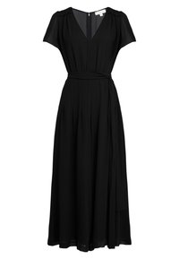 Vestido maxi negro con mangas cortas, escote en V, hombros fruncidos, cintura con cinturón y falda fluida, elaborado en tejido ligero.