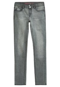 Jeans de mezclilla gris con un diseño ajustado, cinco bolsillos y un acabado ligeramente desvanecido. Presenta un logo de Esprit en la cintura.