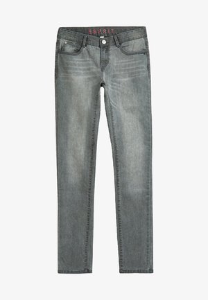 Jeans de mezclilla gris con un diseño ajustado, cinco bolsillos y un acabado ligeramente desvanecido. Presenta un logo de Esprit en la cintura.