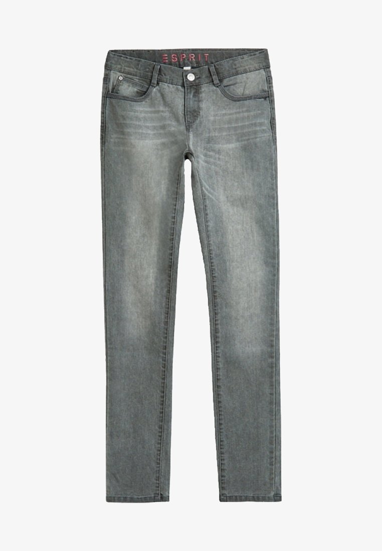 Jeans de mezclilla gris con un diseño ajustado, cinco bolsillos y un acabado ligeramente desvanecido. Presenta un logo de Esprit en la cintura.