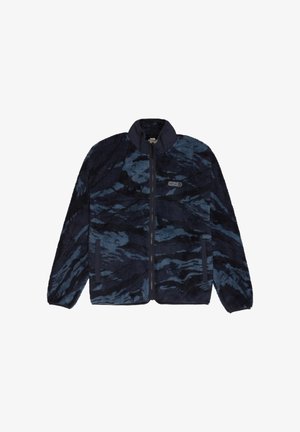 Veste polaire zippée avec un motif abstrait bleu foncé et noir, col montant et poches latérales.