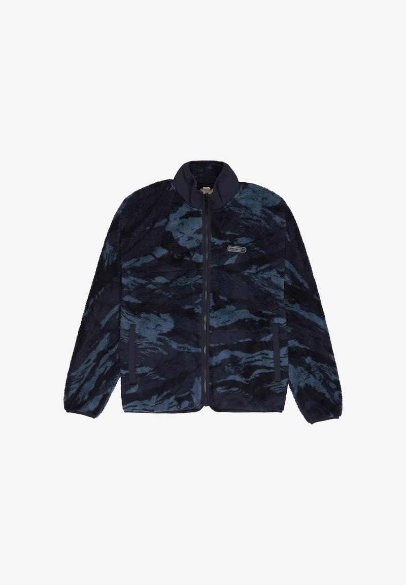 Zip-up fleece jacket with dark blue and black abstract pattern, high collar, and side pockets.