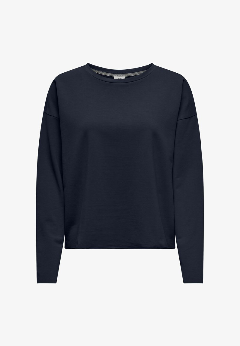 Navyblauer Langarm-Pullover mit Rundhalsausschnitt, lockerer Schnitt und glatter, weicher Textur. Keine sichtbaren Muster oder Beschläge.