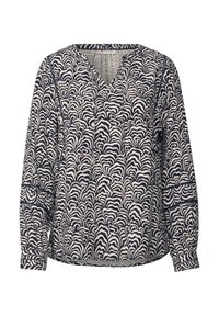 Blus med blommönster som har V-ringning, långa puffärmar och en marinblå och krämfärgad färgskala. Mjuk tyg med en texturerad yta.