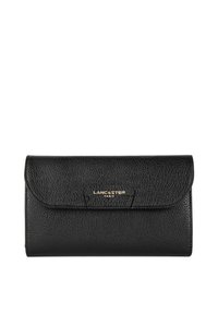 Black textured leather wallet with a flap closure, featuring a gold "Lancaster Paris" logo on the front. Simple rectangular design.