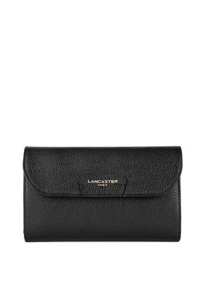 Black textured leather wallet with a flap closure, featuring a gold "Lancaster Paris" logo on the front. Simple rectangular design.