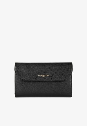 Black textured leather wallet with a flap closure, featuring a gold "Lancaster Paris" logo on the front. Simple rectangular design.