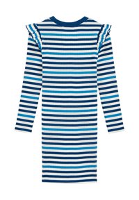Gestreiftes Langarmkleid in Blau, Hellblau und Weiß. Mit Rüschendetails an den Schultern, gerippter Textur und einem Rundhalsausschnitt.