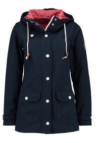Navy waterproof jacket with a pink fleece-lined hood, white snap buttons, adjustable drawstrings, and two front pockets.