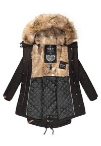 Black insulated parka jacket with a detachable faux fur hood, quilted black lining, front snap closures, and adjustable waist drawstring.