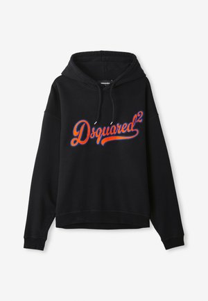 Schwarzer Kapuzenpullover mit großem, mehrfarbigen gestickten "Dsquared²"-Logo auf der Vorderseite. Weicher Stoff und gerippte Bündchen.