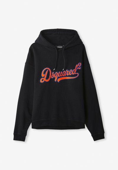 Schwarzer Kapuzenpullover mit großem, mehrfarbigen gestickten "Dsquared²"-Logo auf der Vorderseite. Weicher Stoff und gerippte Bündchen.