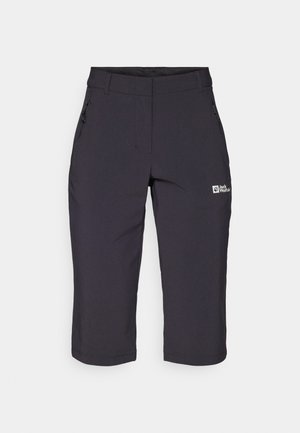 Pantaloni corti da esterno grigio scuro con una texture liscia, dotati di una tasca con zip e un logo sul lato sinistro anteriore. Design di lunghezza a metà coscia.